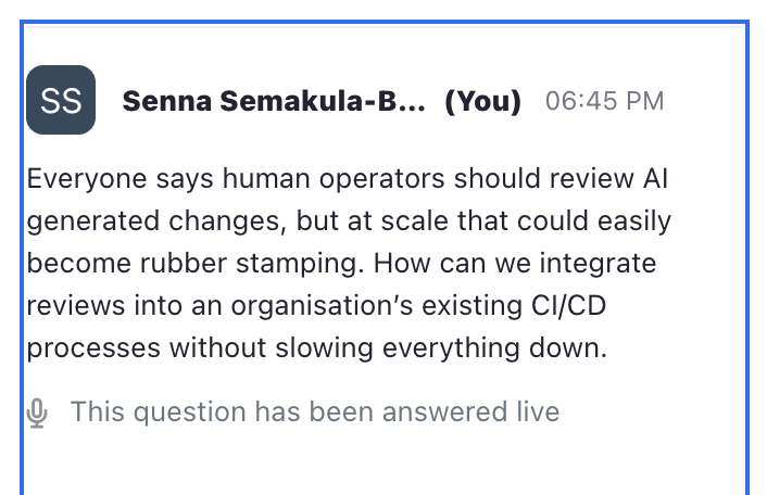 Screenshot of the webinar Q&A panel showing the author's question, submitted at 18:45 and marked as answered live.